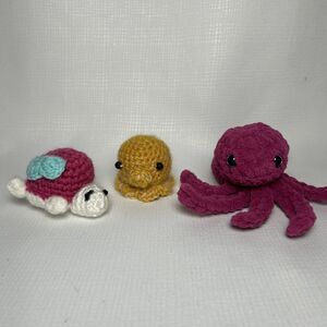 3 Crocheted Handmade Sea Life Animals Yellow & Pink Octopus, Pink Turtle Plush